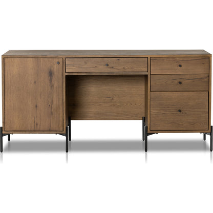 Eaton Executive Desk by Four Hands in light oak, dark gunmetal. Made from thick oak veneer, iron in a modern style.