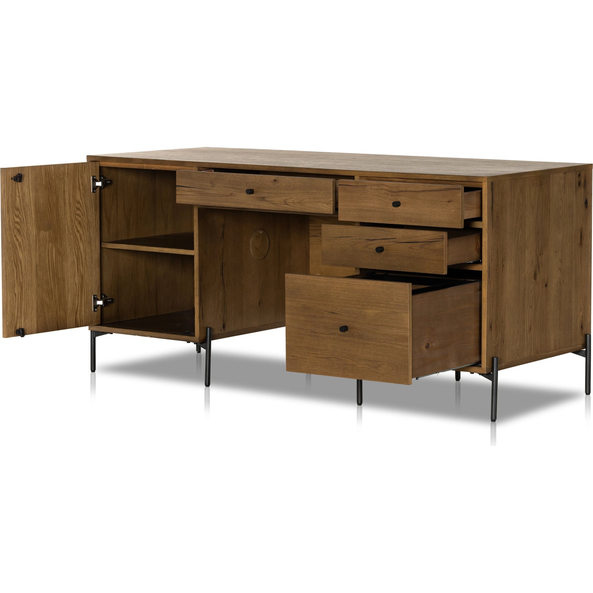Eaton Executive Desk by Four Hands in light oak, dark gunmetal. Made from thick oak veneer, iron in a modern style.
