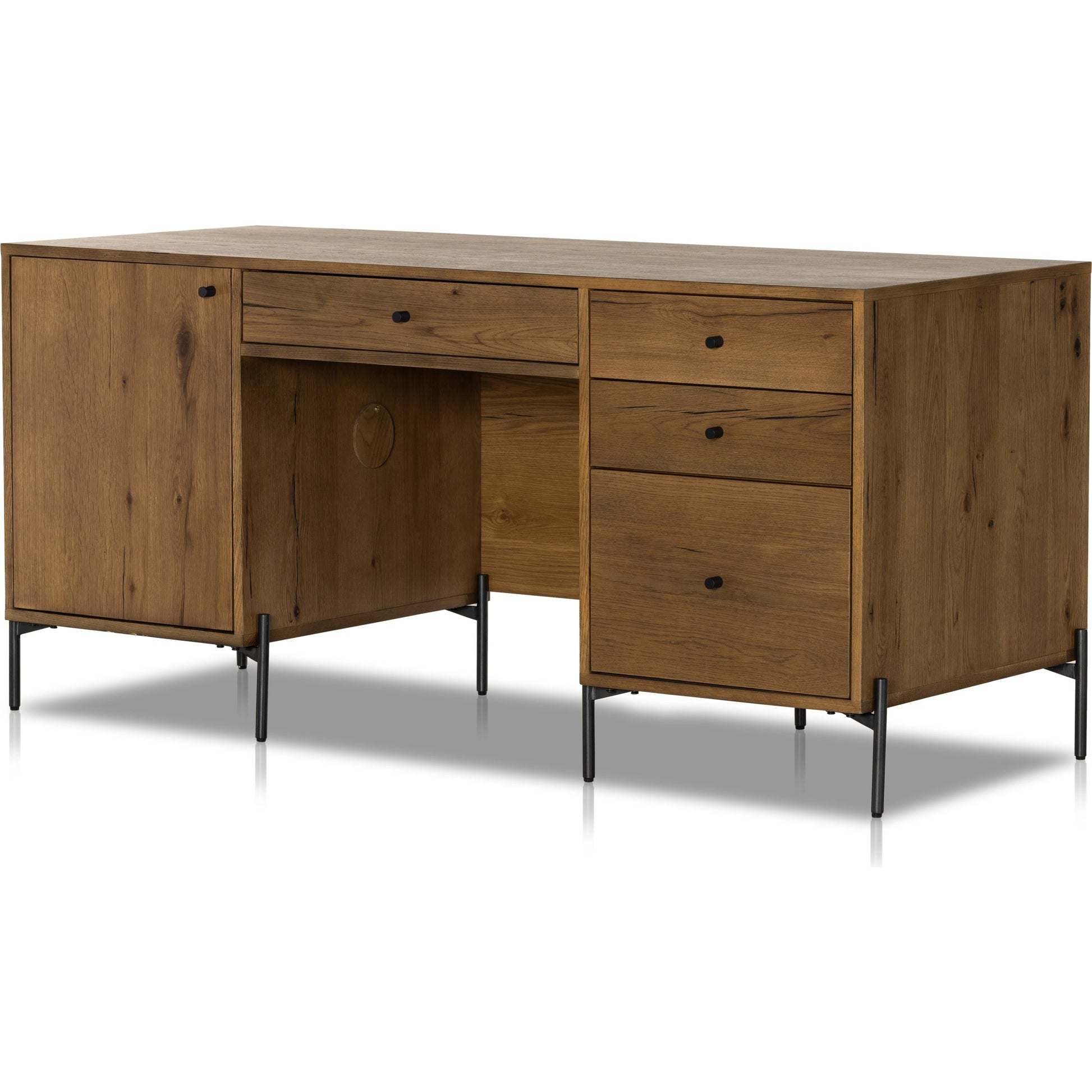 Eaton Executive Desk by Four Hands in light oak, dark gunmetal. Made from thick oak veneer, iron in a modern style.