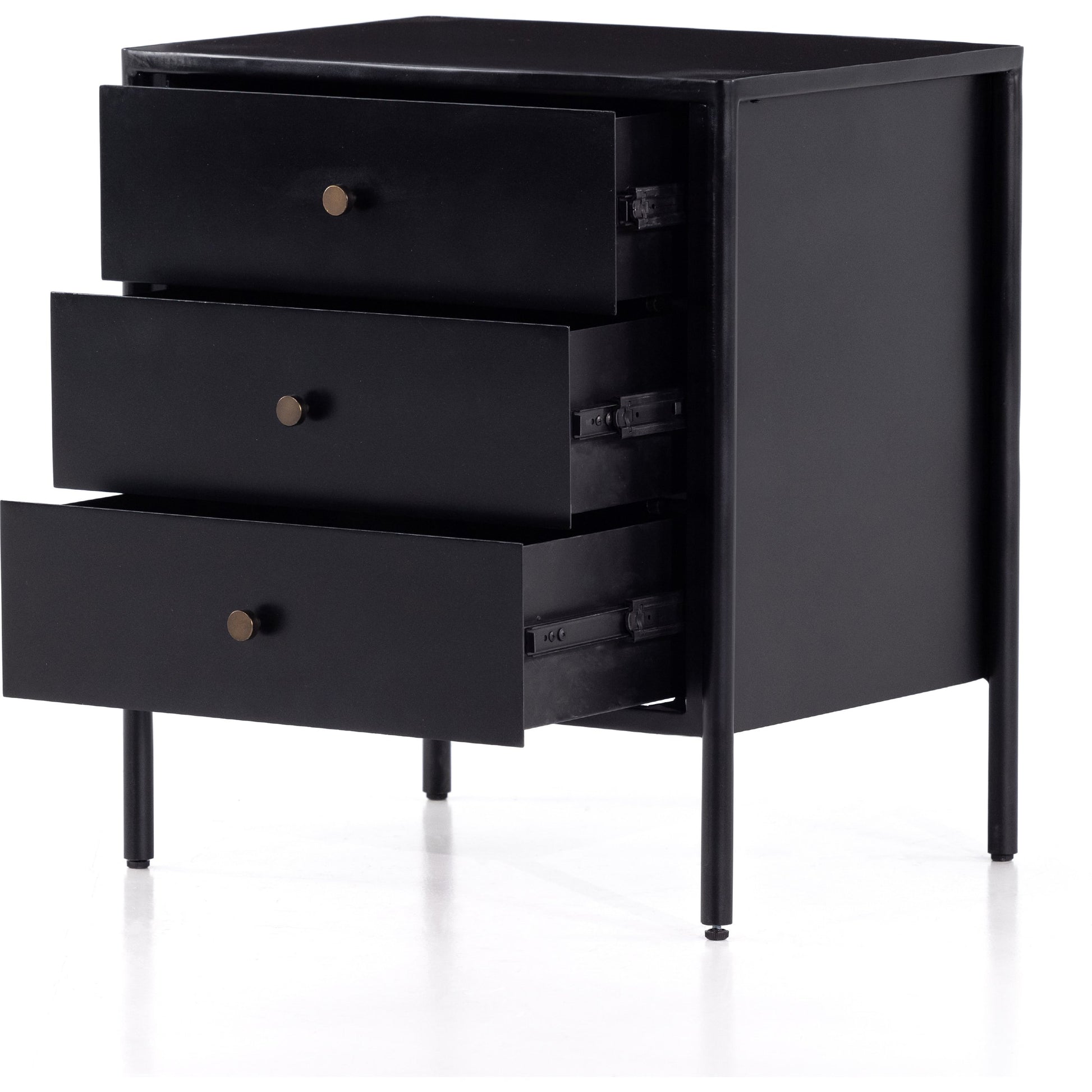 Soto Nightstand by Four Hands in black, weathered bronze and black. Made from iron in a modern style.