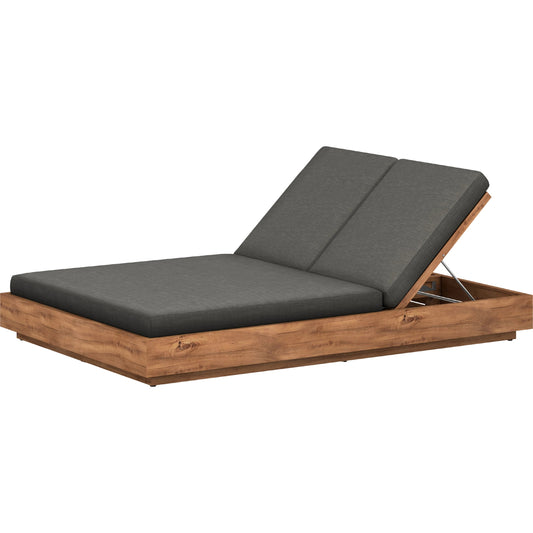 Kinta Outdoor Double Chaise by Four Hands in natural teak-fsc. Made from 100% olefin, solid fsc®-certified teak, 91% polyurethane foam pad, 9% polyester fiber batting in a modern style.