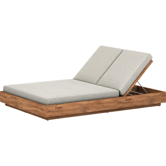 Kinta Outdoor Double Chaise by Four Hands in natural teak-fsc. Made from 100% olefin, solid fsc®-certified teak, 91% polyurethane foam pad, 9% polyester fiber batting in a modern style.