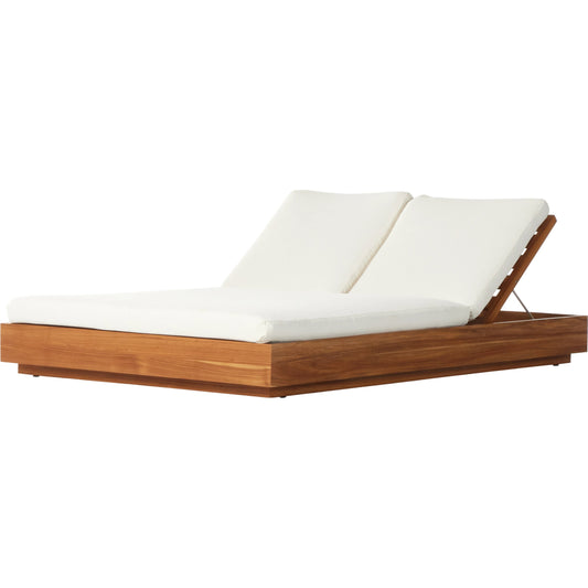 Kinta Outdoor Double Chaise by Four Hands in natural teak-fsc. Made from 100% olefin, solid fsc®-certified teak, 91% polyurethane foam pad, 9% polyester fiber batting in a modern style.