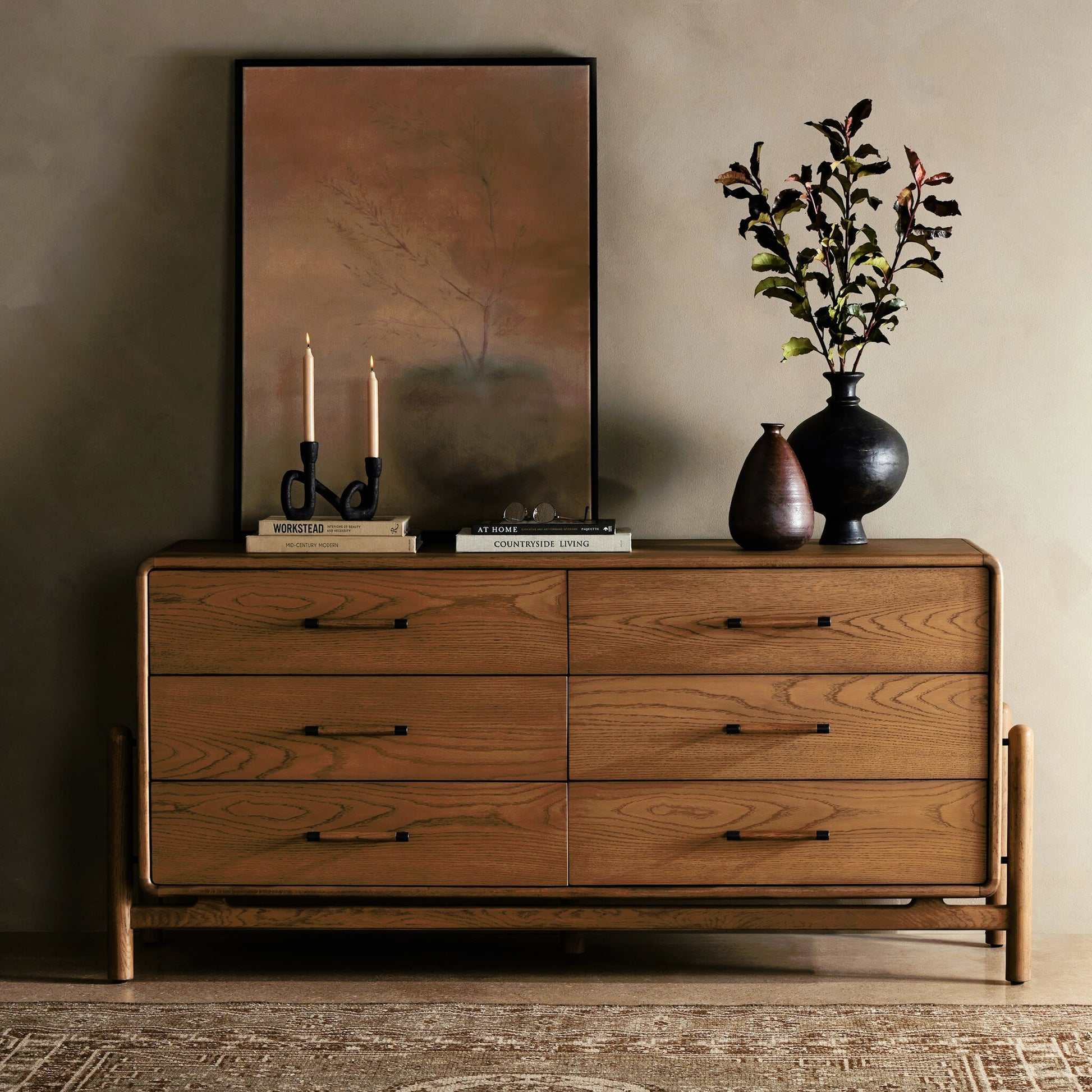 Caroline 6 Drawer Dresser by Four Hands in smoked oak, gunmetal grey. Made from oak veneer, solid oak in a modern style.