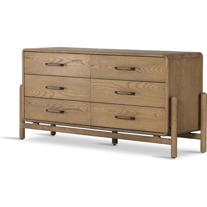 Caroline 6 Drawer Dresser by Four Hands in smoked oak, gunmetal grey. Made from oak veneer, solid oak in a modern style.