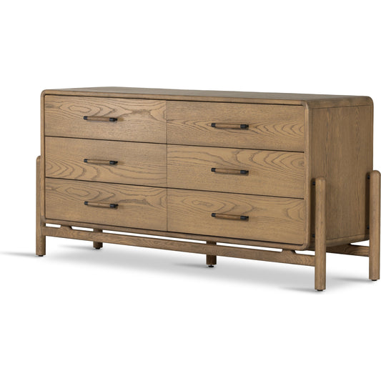 Caroline 6 Drawer Dresser by Four Hands in smoked oak, gunmetal grey. Made from oak veneer, solid oak in a modern style.