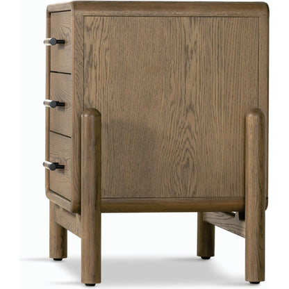 Caroline Nightstand by Four Hands in smoked oak, gunmetal grey. Made from oak veneer, solid oak in a modern style.