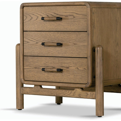 Caroline Nightstand by Four Hands in smoked oak, gunmetal grey. Made from oak veneer, solid oak in a modern style.