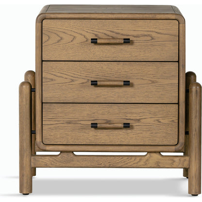 Caroline Nightstand by Four Hands in smoked oak, gunmetal grey. Made from oak veneer, solid oak in a modern style.