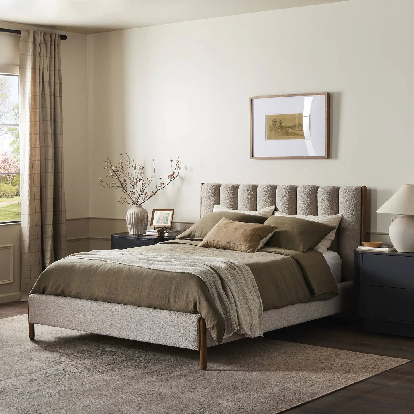 021 SI-1977296,SI-1980368 | Lifestyle | Emma Bed by Four Hands in weathered sepia, knoll sand. Made from 95% polyester, 5% acrylic, solid parawood in a modern style.