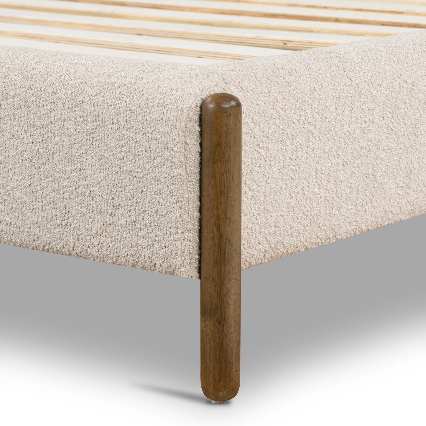 012 SI-1977296 | Closeup | Emma Bed by Four Hands in weathered sepia, knoll sand. Made from 95% polyester, 5% acrylic, solid parawood in a modern style.