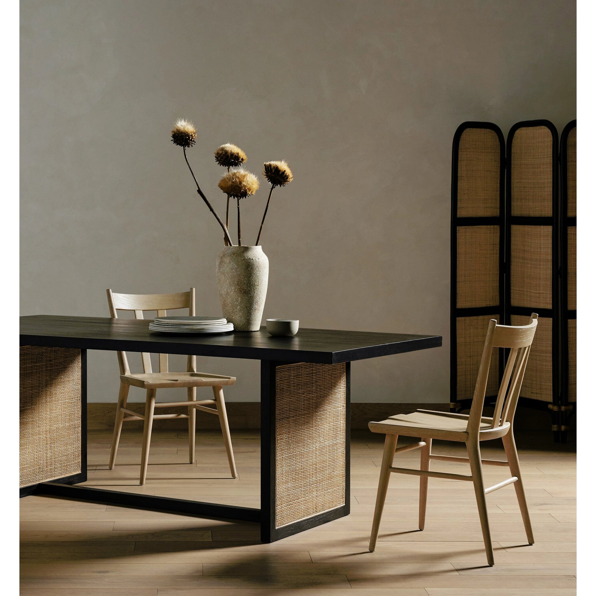 Clarita Dining Table by Four Hands in white wash mango, natural cane and white wash mango. Made from solid mango in a coastal style.