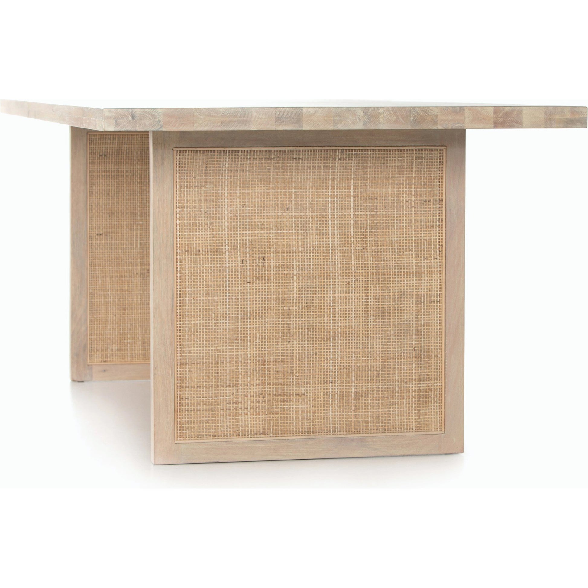 Clarita Dining Table by Four Hands in white wash mango, natural cane and white wash mango. Made from solid mango in a coastal style.