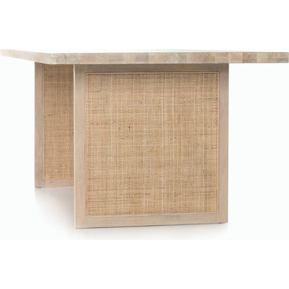 Clarita Dining Table by Four Hands in white wash mango, natural cane and white wash mango. Made from solid mango in a coastal style.