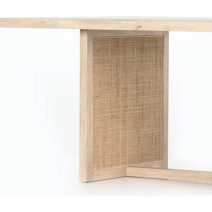 Clarita Dining Table by Four Hands in white wash mango, natural cane and white wash mango. Made from solid mango in a coastal style.