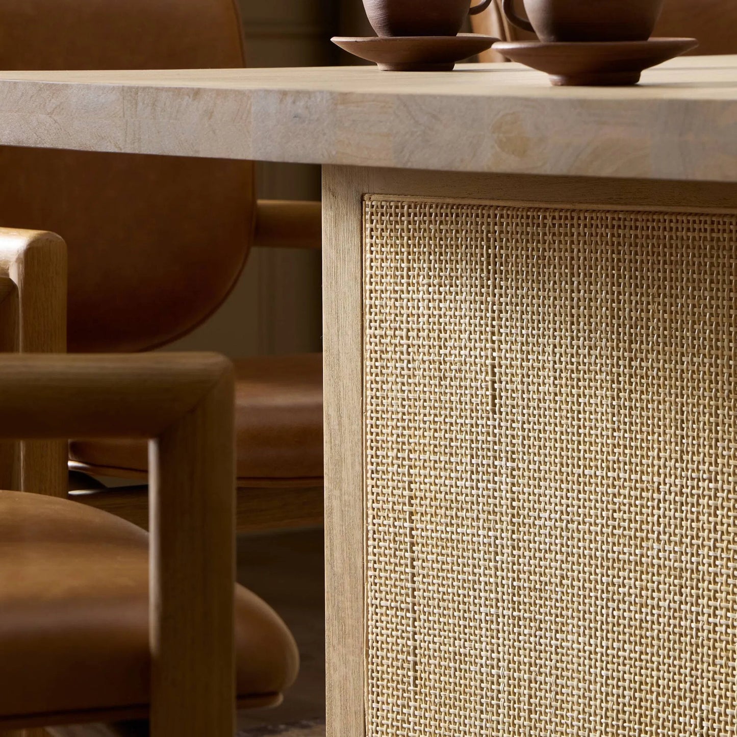 036 SI-1798802 | Closeup | Clarita Dining Table by Four Hands in white wash mango, natural cane and white wash mango. Made from solid mango in a coastal style.