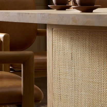 Clarita Dining Table by Four Hands in white wash mango, natural cane and white wash mango. Made from solid mango in a coastal style.
