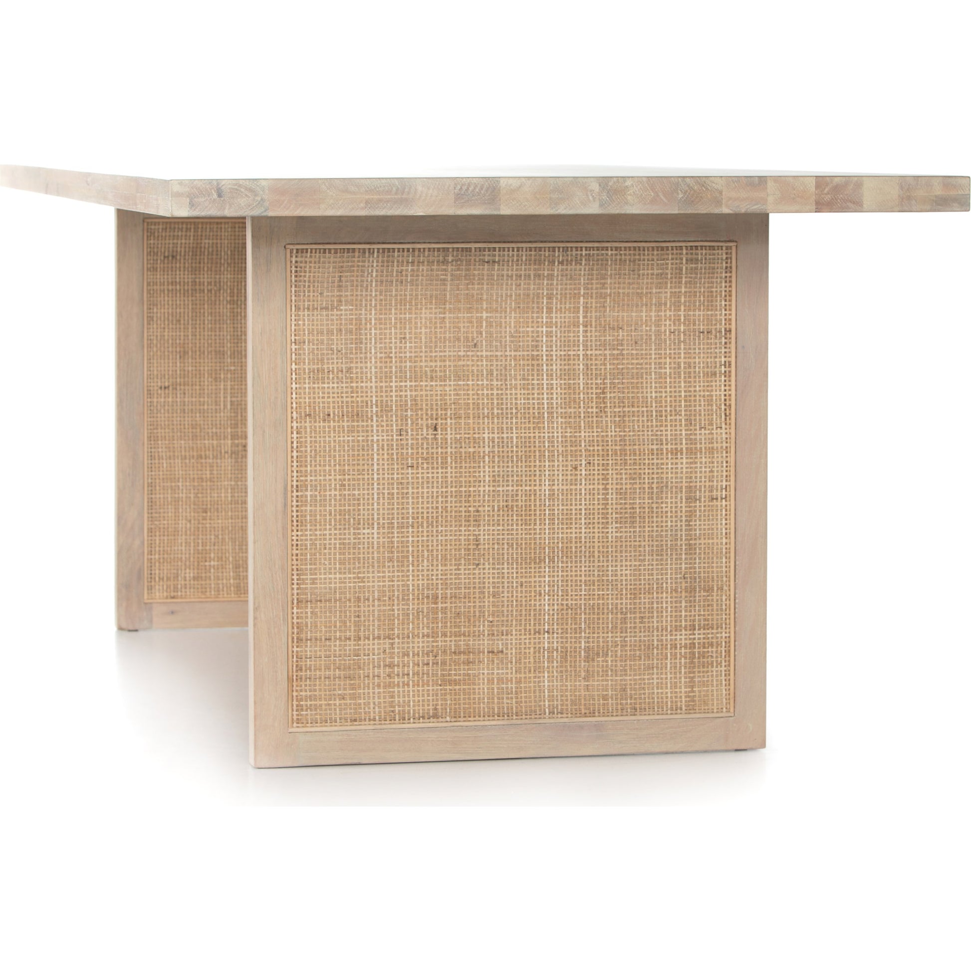 Clarita Dining Table by Four Hands in white wash mango, natural cane and white wash mango. Made from solid mango in a coastal style.