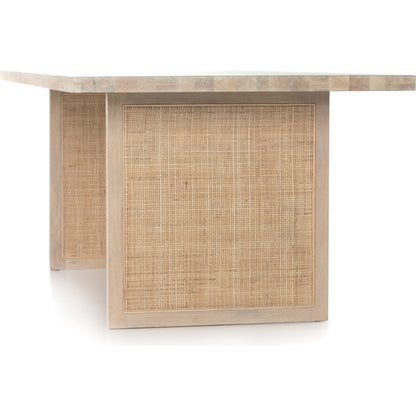 Clarita Dining Table by Four Hands in white wash mango, natural cane and white wash mango. Made from solid mango in a coastal style.