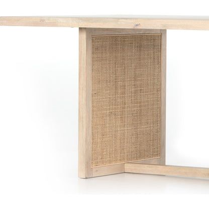Clarita Dining Table by Four Hands in white wash mango, natural cane and white wash mango. Made from solid mango in a coastal style.