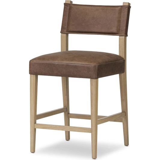 Ferris Counter Stool by Four Hands in palermo cigar, light oak. Made from top grain leather, solid oak in a traditional style.