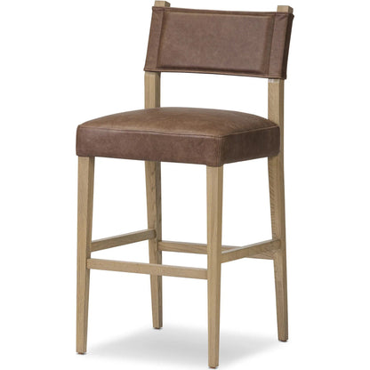 Ferris Bar Stool by Four Hands in palermo cigar, light oak. Made from top grain leather, solid oak in a traditional style.