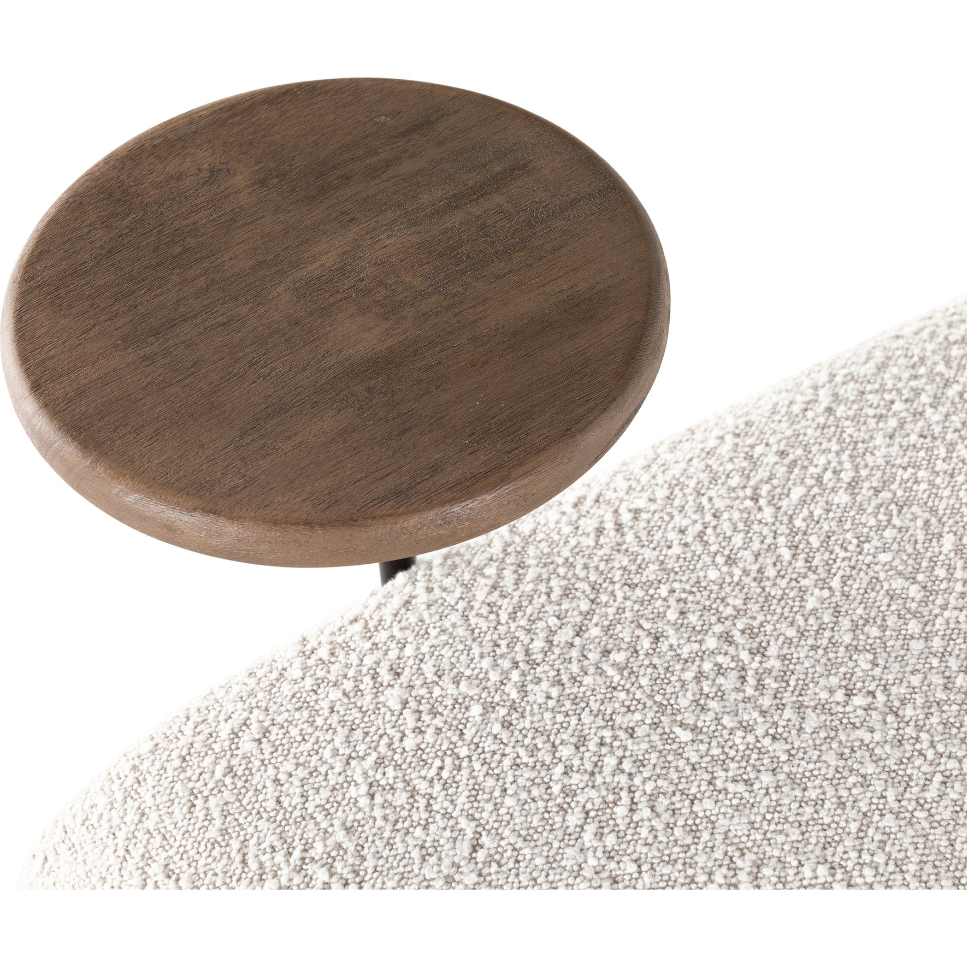 Bronwyn Swivel Chair & Table by Four Hands in distressed natural, knoll natural. Made from 95% polyester, 5% acrylic, solid parawood in a modern style.