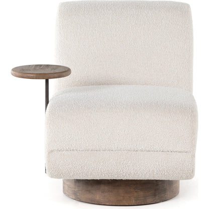 Bronwyn Swivel Chair & Table by Four Hands in distressed natural, knoll natural. Made from 95% polyester, 5% acrylic, solid parawood in a modern style.