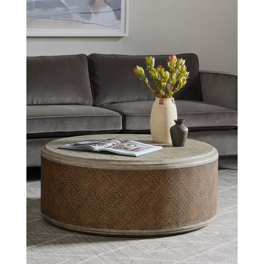Kiara Coffee Table by Four Hands in weathered blonde pine, rustic rattan. Made from oak veneer, solid pine, rattan in a rustic style.