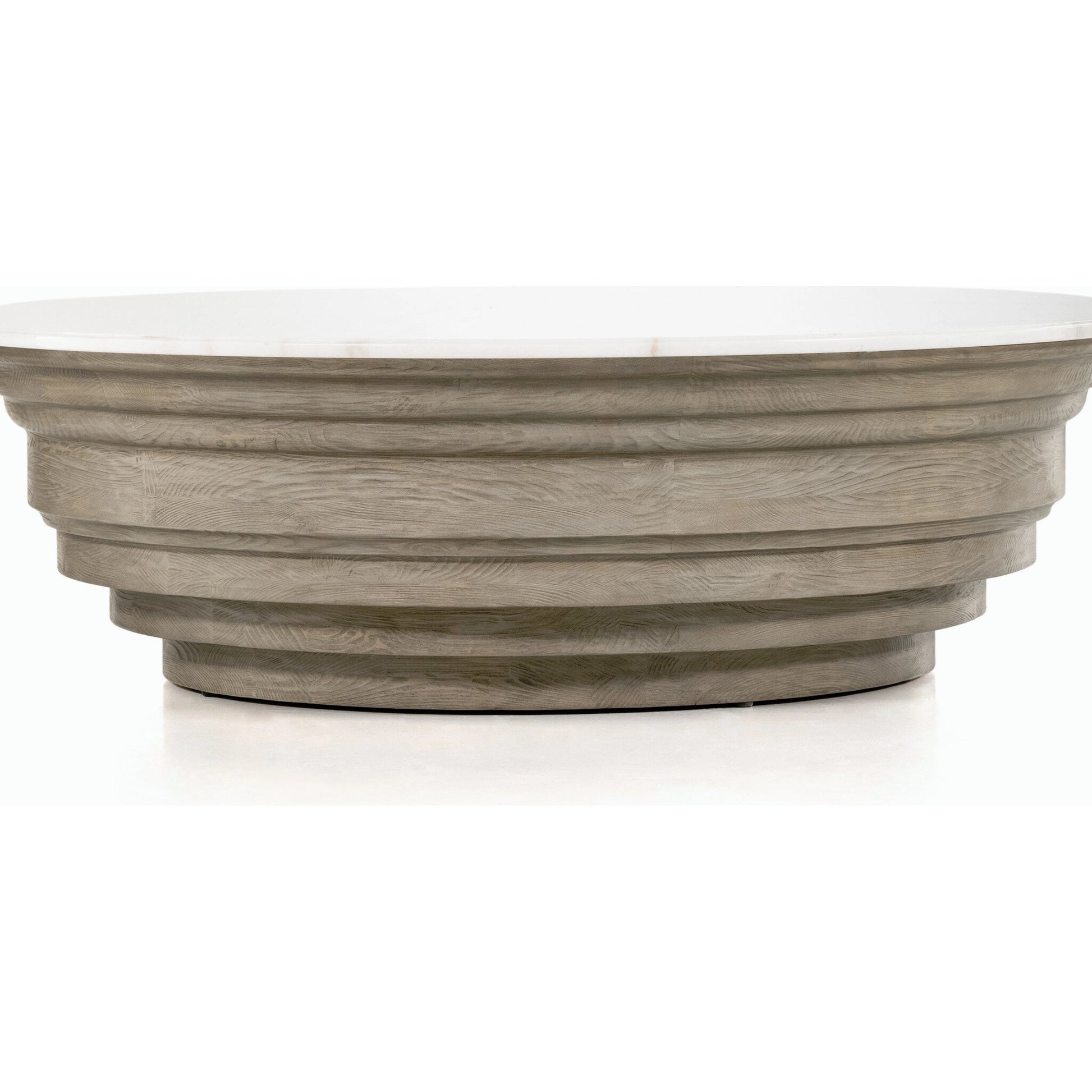 Caldwell Stone Coffee Table by Four Hands in weathered blonde pine, white marble and white marble. Made from solid marble, solid pine, poplar plywood in a cottage & farmhouse style.