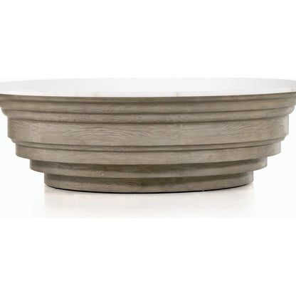 Caldwell Stone Coffee Table by Four Hands in weathered blonde pine, white marble and white marble. Made from solid marble, solid pine, poplar plywood in a cottage & farmhouse style.