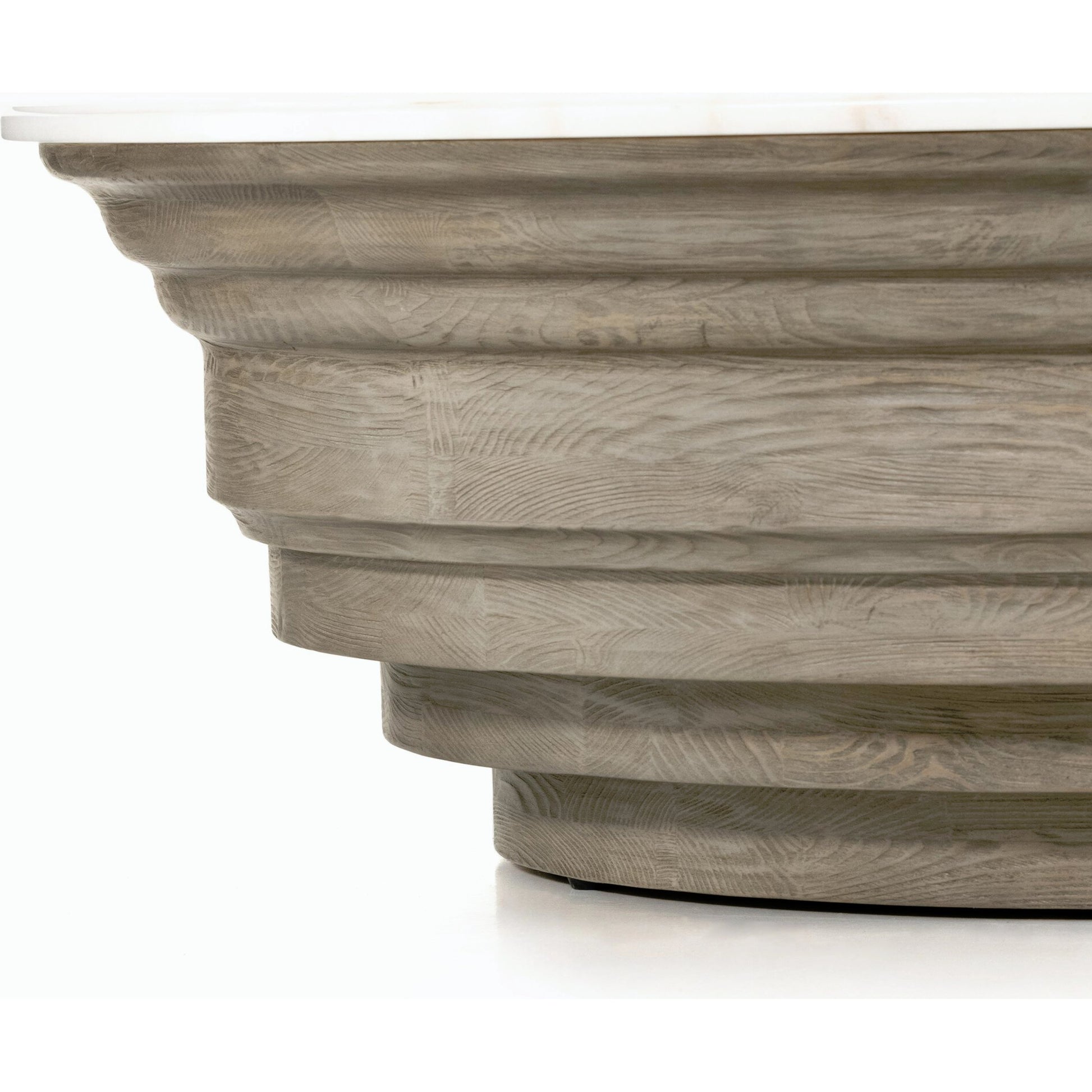 Caldwell Stone Coffee Table by Four Hands in weathered blonde pine, white marble and white marble. Made from solid marble, solid pine, poplar plywood in a cottage & farmhouse style.