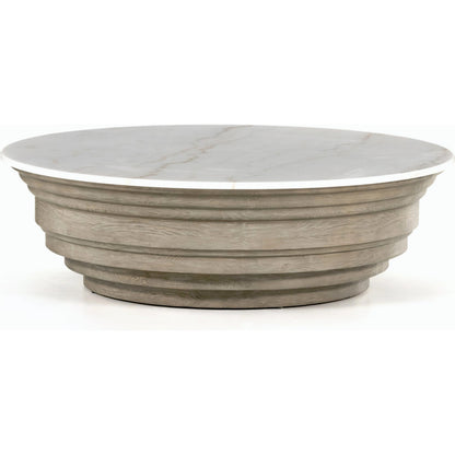 Caldwell Stone Coffee Table by Four Hands in weathered blonde pine, white marble and white marble. Made from solid marble, solid pine, poplar plywood in a cottage & farmhouse style.