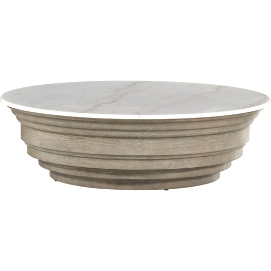 Caldwell Stone Coffee Table by Four Hands in weathered blonde pine, white marble and white marble. Made from solid marble, solid pine, poplar plywood in a cottage & farmhouse style.