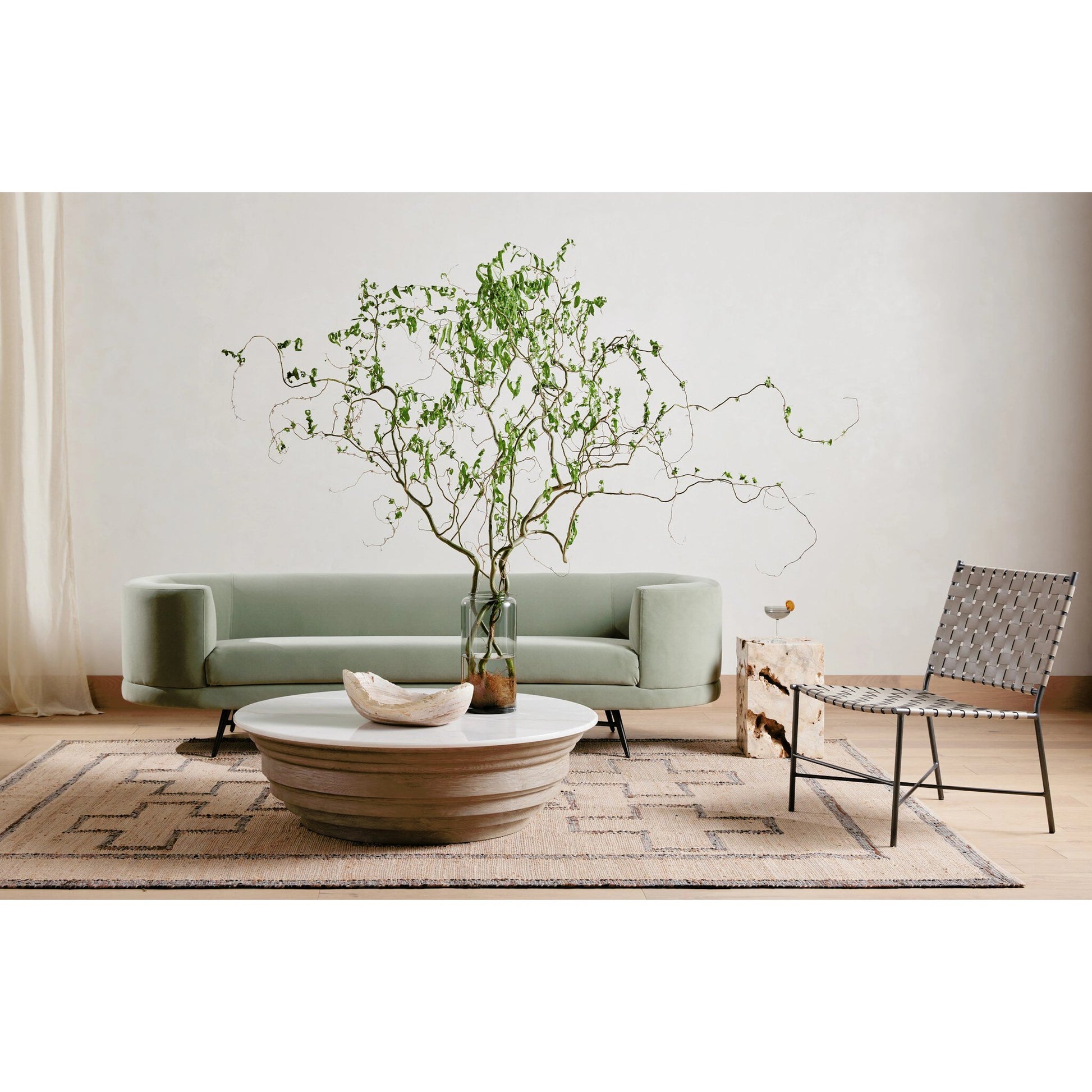 Caldwell Stone Coffee Table by Four Hands in weathered blonde pine, white marble and white marble. Made from solid marble, solid pine, poplar plywood in a cottage & farmhouse style.