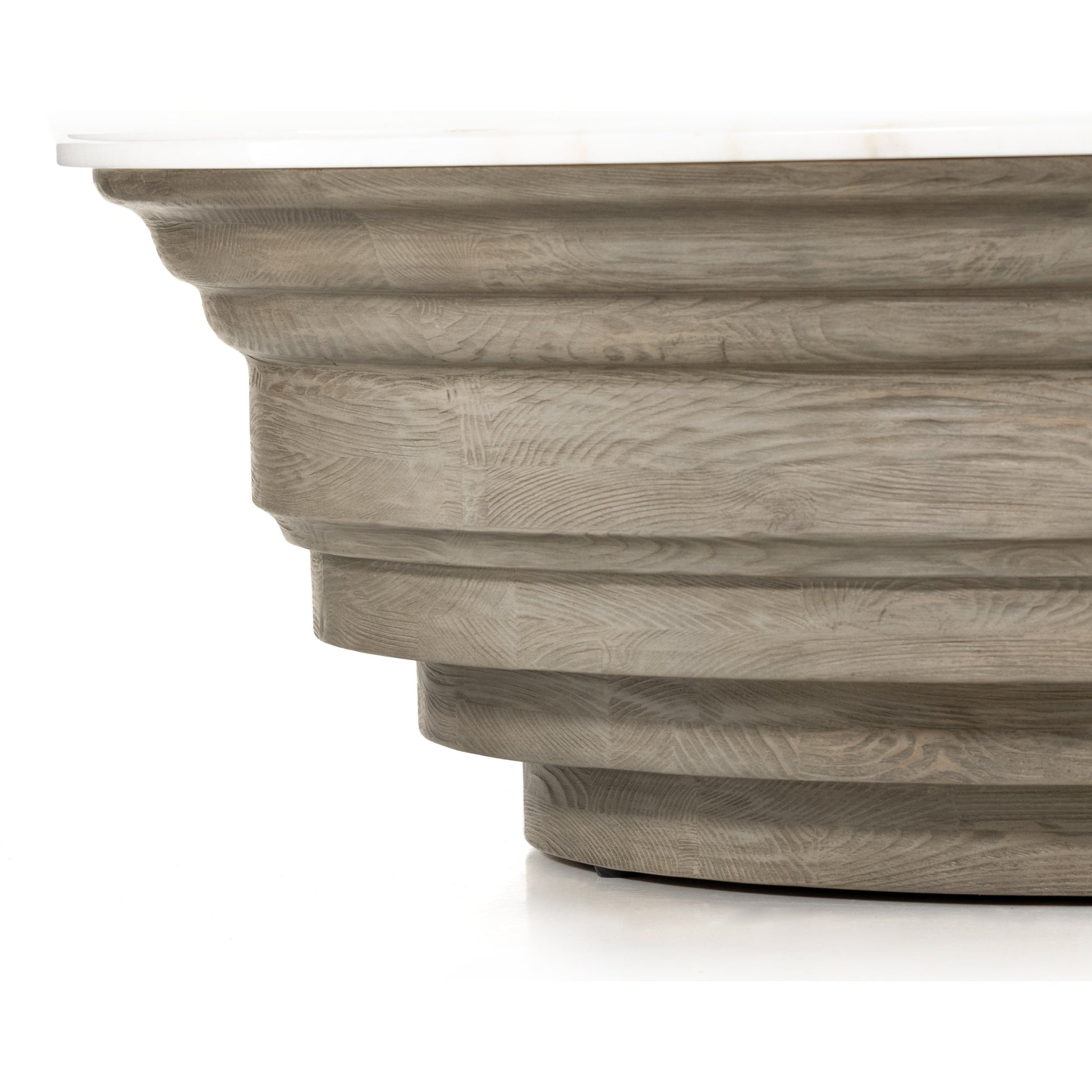 Caldwell Stone Coffee Table by Four Hands in weathered blonde pine, white marble and white marble. Made from solid marble, solid pine, poplar plywood in a cottage & farmhouse style.