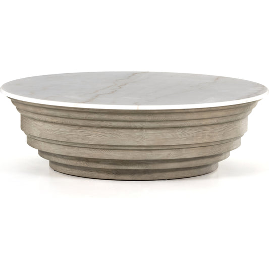 Caldwell Stone Coffee Table by Four Hands in weathered blonde pine, white marble and white marble. Made from solid marble, solid pine, poplar plywood in a cottage & farmhouse style.