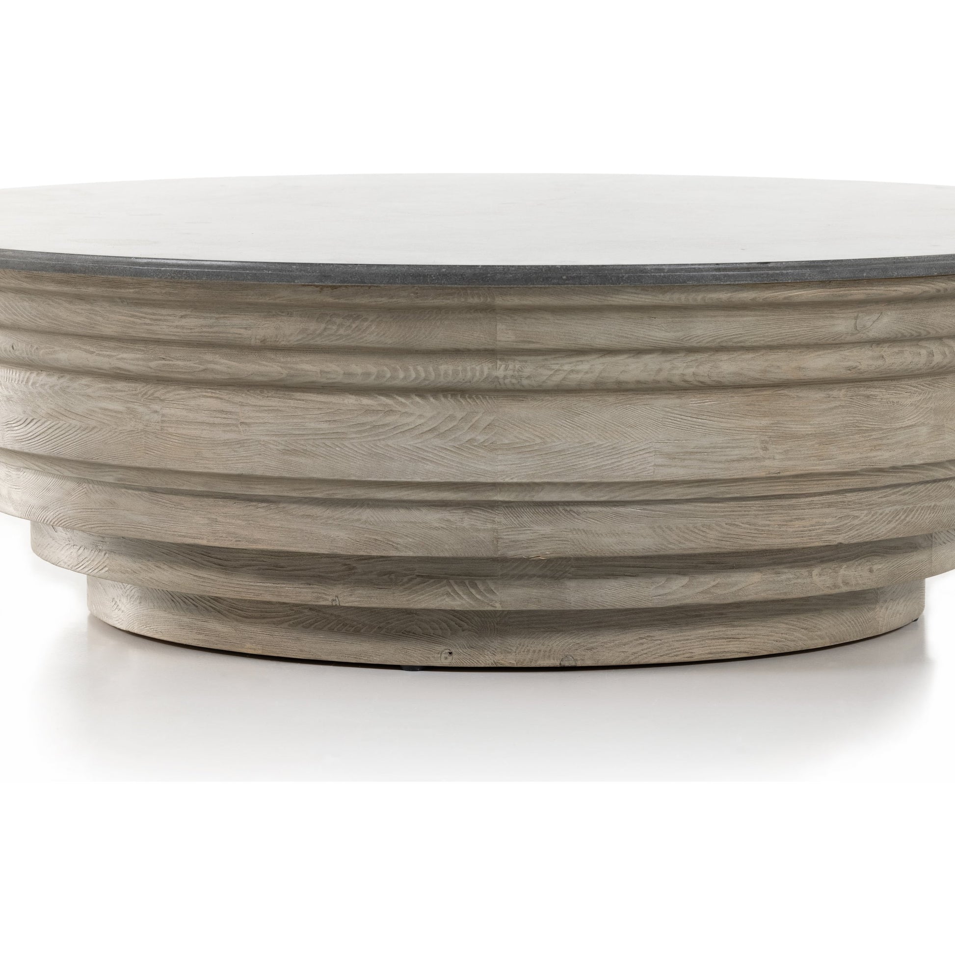 Caldwell Stone Coffee Table by Four Hands in weathered blonde pine, white marble and white marble. Made from solid marble, solid pine, poplar plywood in a cottage & farmhouse style.