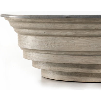 Caldwell Stone Coffee Table by Four Hands in weathered blonde pine, white marble and white marble. Made from solid marble, solid pine, poplar plywood in a cottage & farmhouse style.