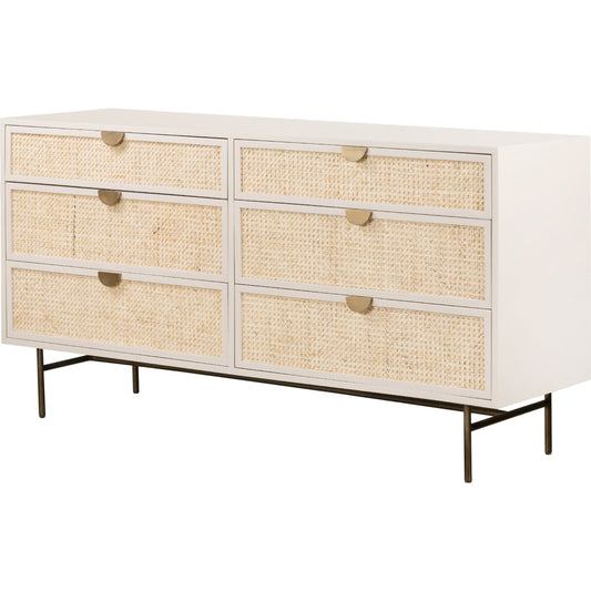 Luella 6 Drawer Dresser by Four Hands in light natural cane, aged brass and matte alabaster. Made from engineered hardwood, cane, stainless steel in a coastal style.