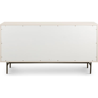 Luella 6 Drawer Dresser by Four Hands in light natural cane, aged brass and matte alabaster. Made from engineered hardwood, cane, stainless steel in a coastal style.