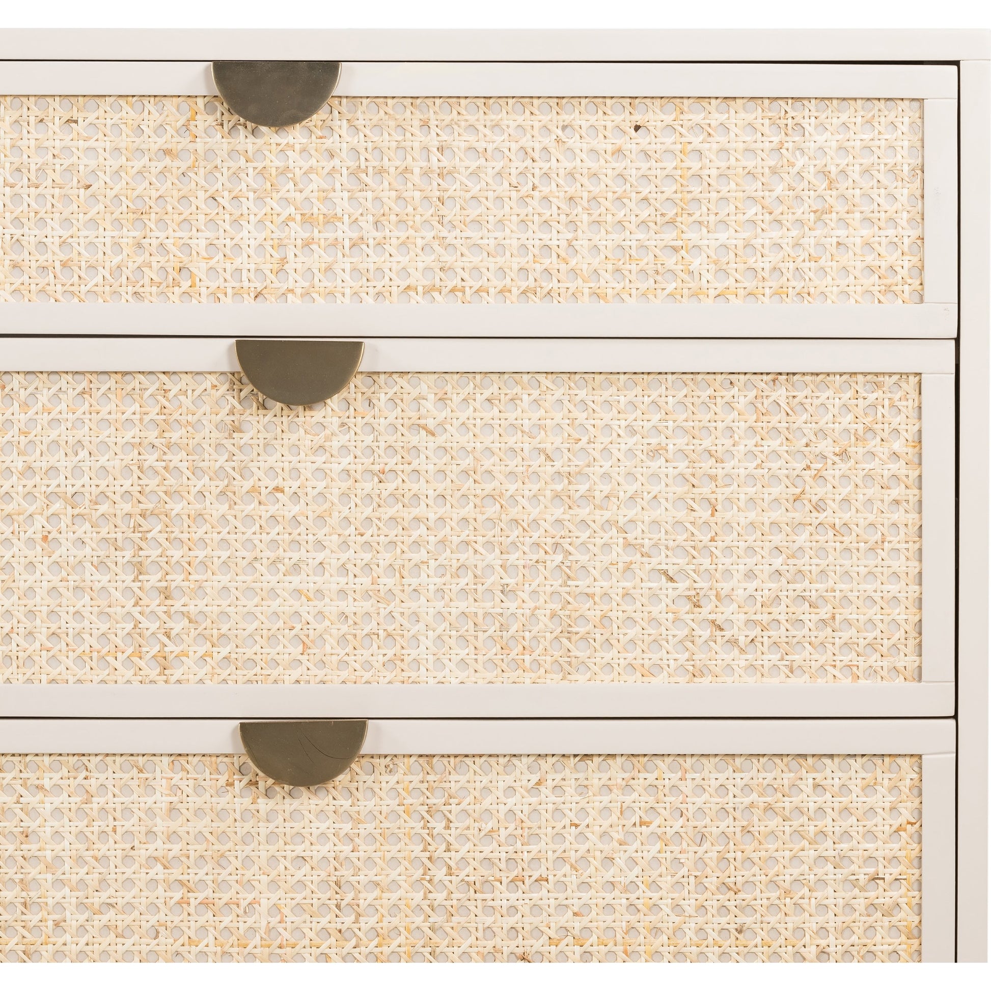 Luella 6 Drawer Dresser by Four Hands in light natural cane, aged brass and matte alabaster. Made from engineered hardwood, cane, stainless steel in a coastal style.