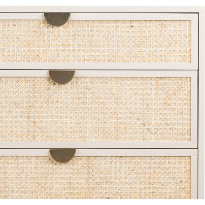 Luella 6 Drawer Dresser by Four Hands in light natural cane, aged brass and matte alabaster. Made from engineered hardwood, cane, stainless steel in a coastal style.