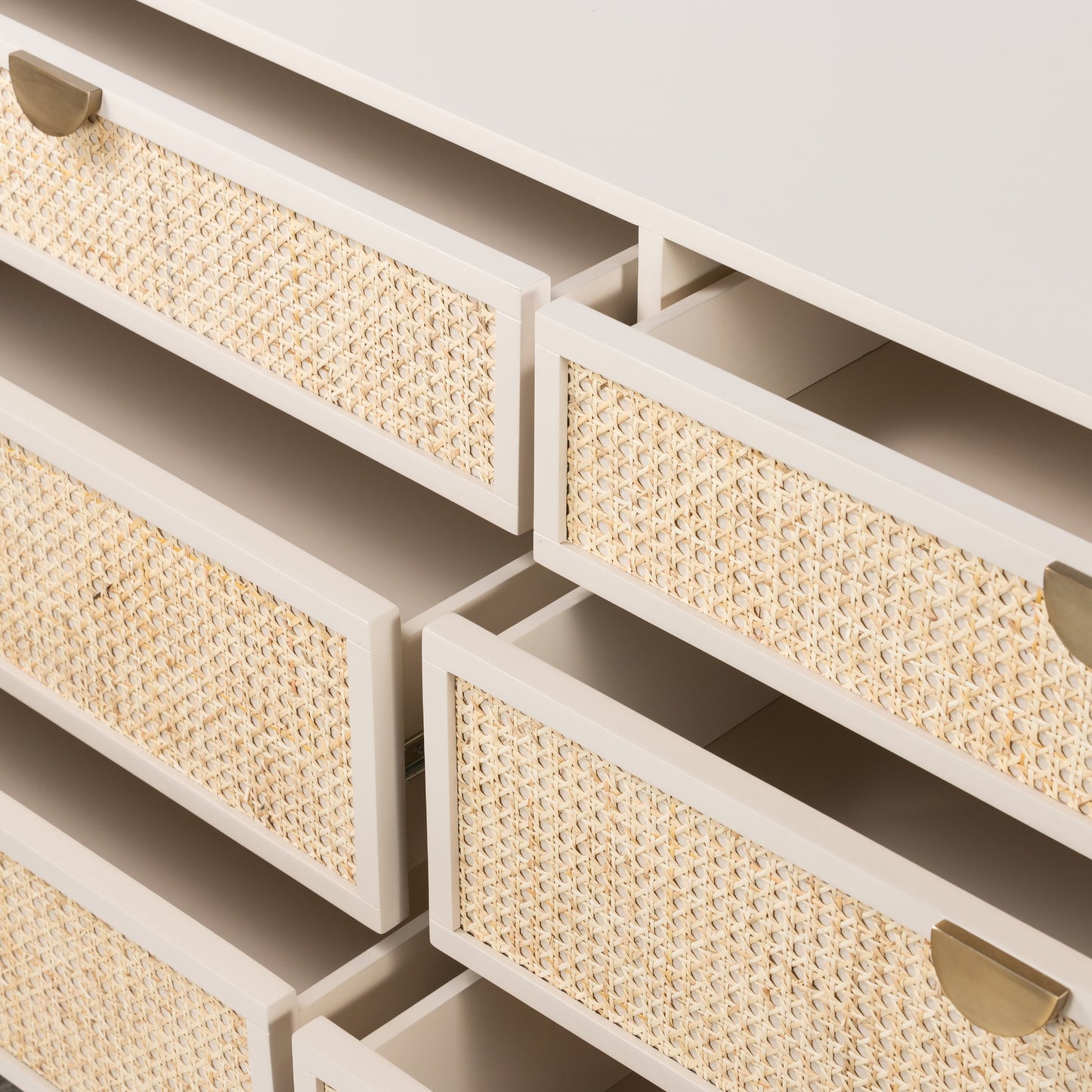 007 SI-1799027 | Additional Silo | Luella 6 Drawer Dresser by Four Hands in light natural cane, aged brass and matte alabaster. Made from engineered hardwood, cane, stainless steel in a coastal style.