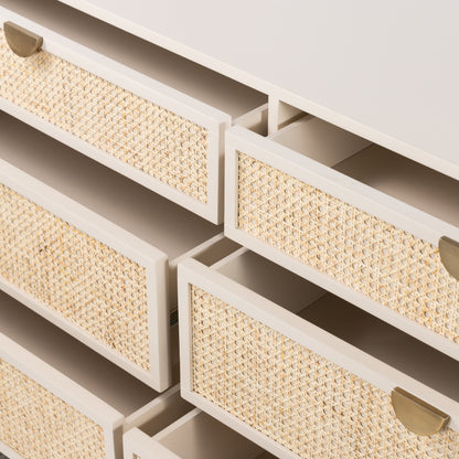 Luella 6 Drawer Dresser by Four Hands in light natural cane, aged brass and matte alabaster. Made from engineered hardwood, cane, stainless steel in a coastal style.