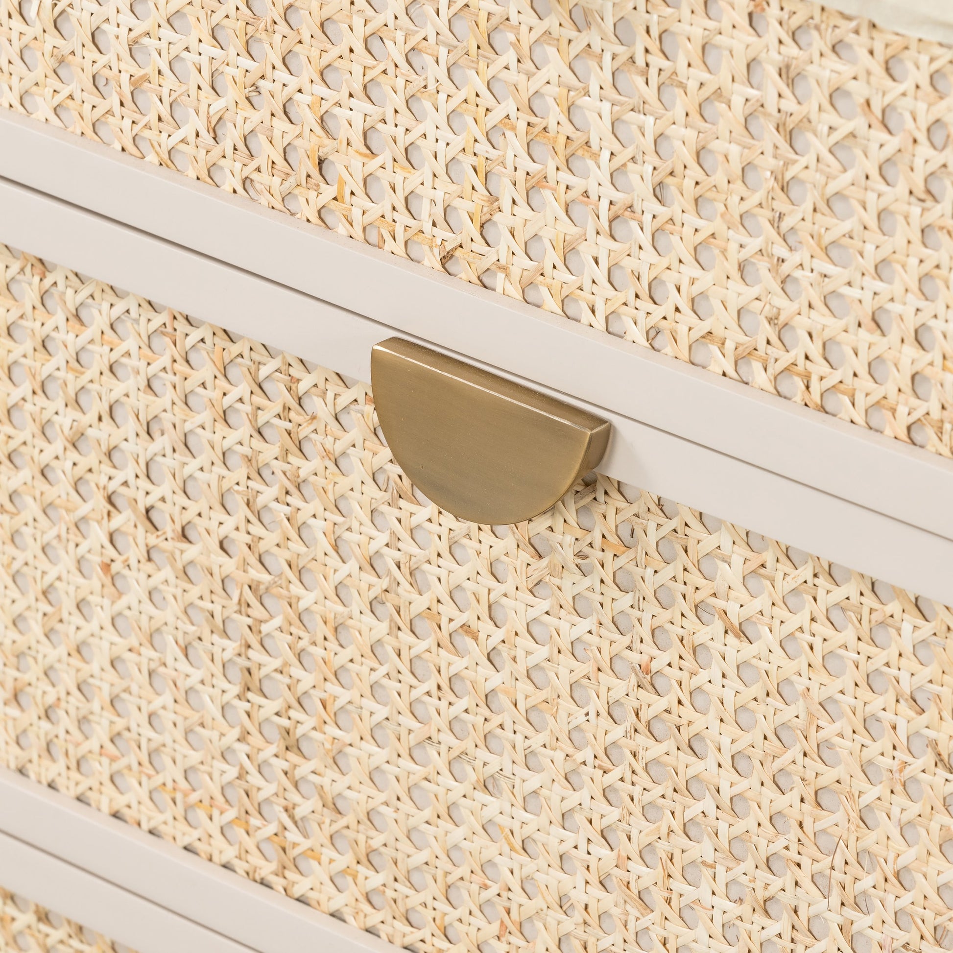 Luella 6 Drawer Dresser by Four Hands in light natural cane, aged brass and matte alabaster. Made from engineered hardwood, cane, stainless steel in a coastal style.