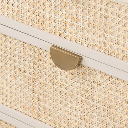 Luella 6 Drawer Dresser by Four Hands in light natural cane, aged brass and matte alabaster. Made from engineered hardwood, cane, stainless steel in a coastal style.