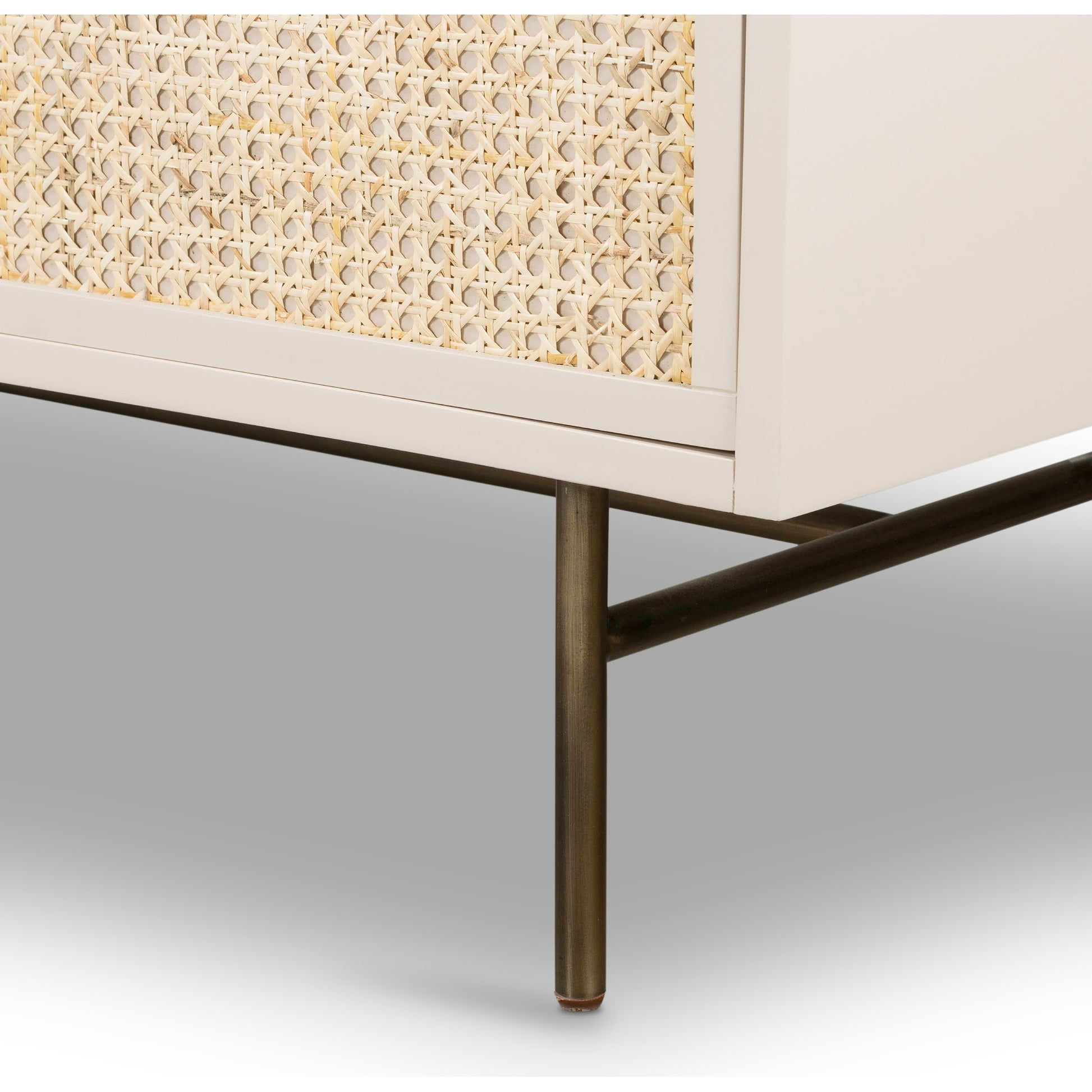 Luella 6 Drawer Dresser by Four Hands in light natural cane, aged brass and matte alabaster. Made from engineered hardwood, cane, stainless steel in a coastal style.