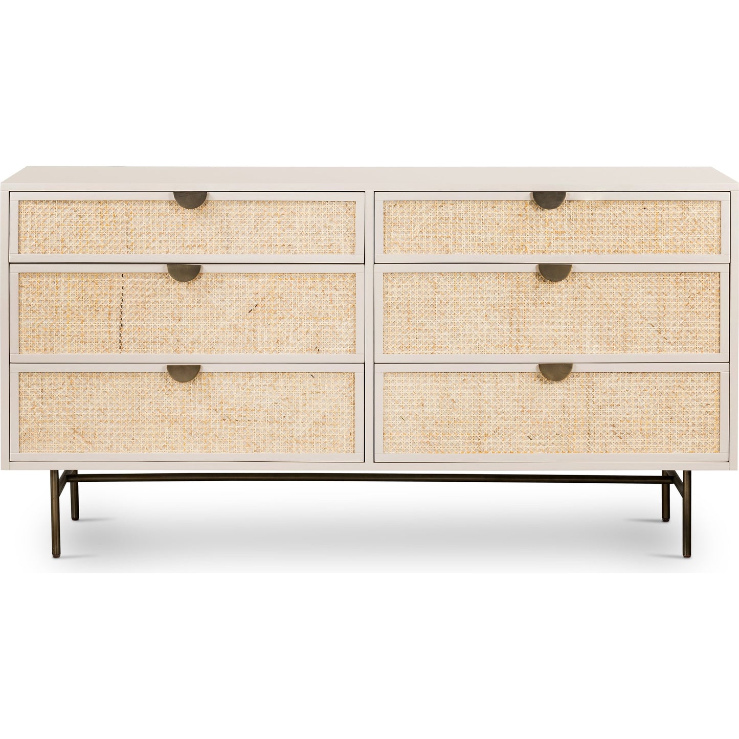 003 SI-1799027 | Additional Silo | Luella 6 Drawer Dresser by Four Hands in light natural cane, aged brass and matte alabaster. Made from engineered hardwood, cane, stainless steel in a coastal style.