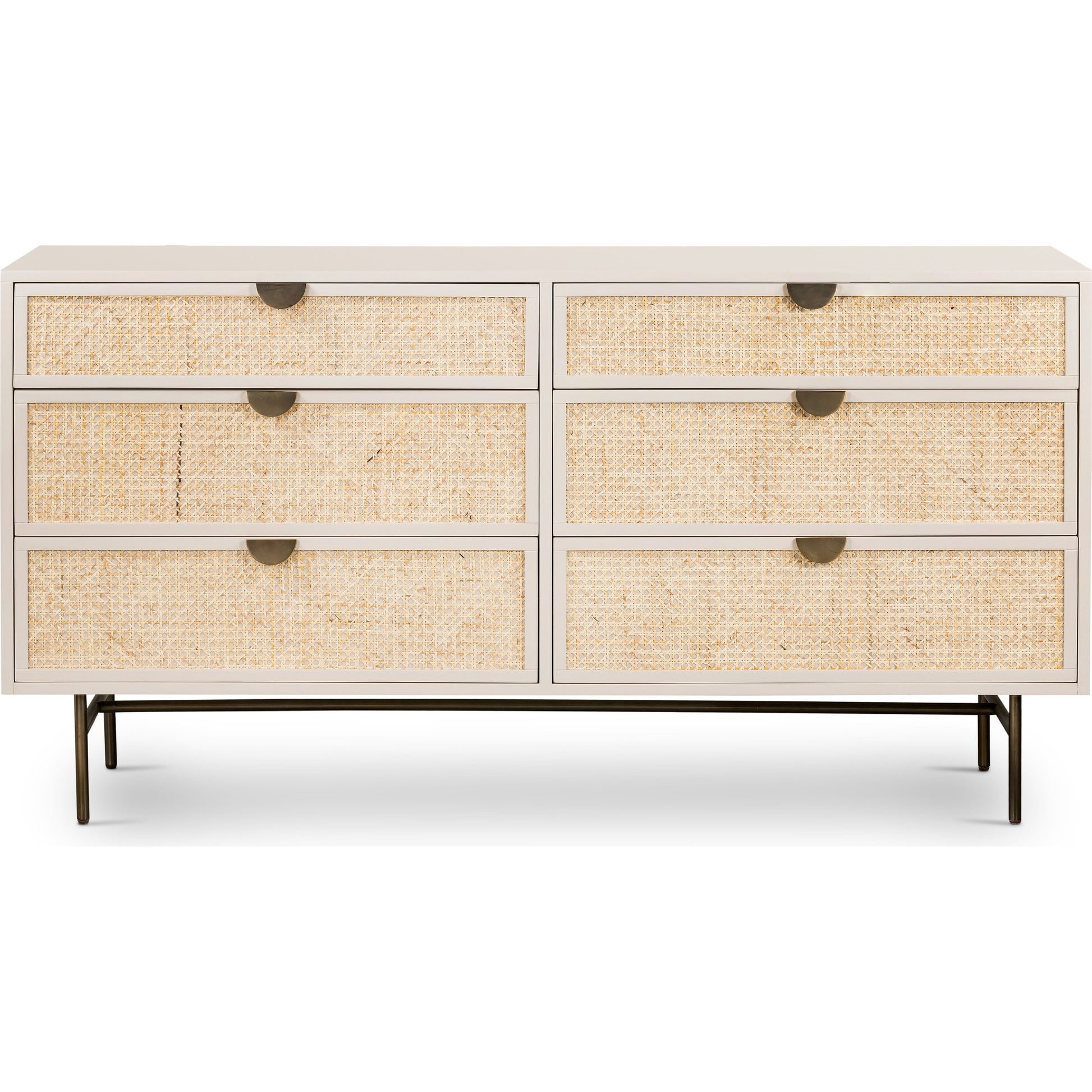 Luella 6 Drawer Dresser by Four Hands in light natural cane, aged brass and matte alabaster. Made from engineered hardwood, cane, stainless steel in a coastal style.